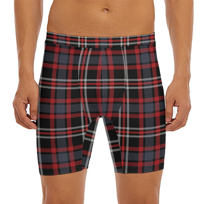 Grey Black And Red Scottish Plaid Print Men's Long Boxer Briefs