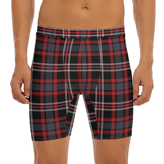 Grey Black And Red Scottish Plaid Print Men's Long Boxer Briefs