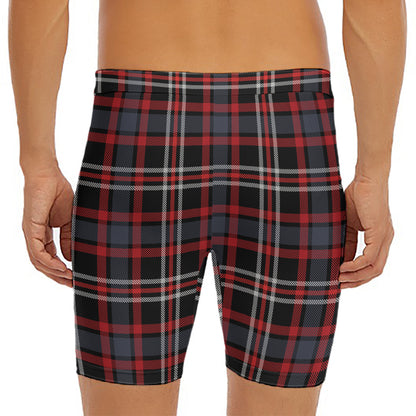 Grey Black And Red Scottish Plaid Print Men's Long Boxer Briefs