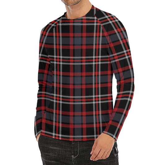 Grey Black And Red Scottish Plaid Print Men's Long Sleeve Rash Guard