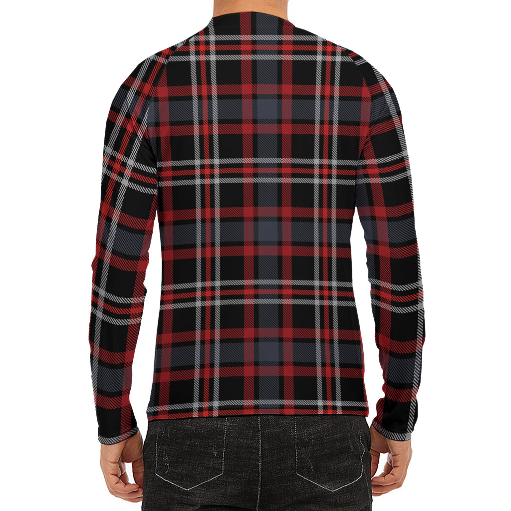Grey Black And Red Scottish Plaid Print Men's Long Sleeve Rash Guard