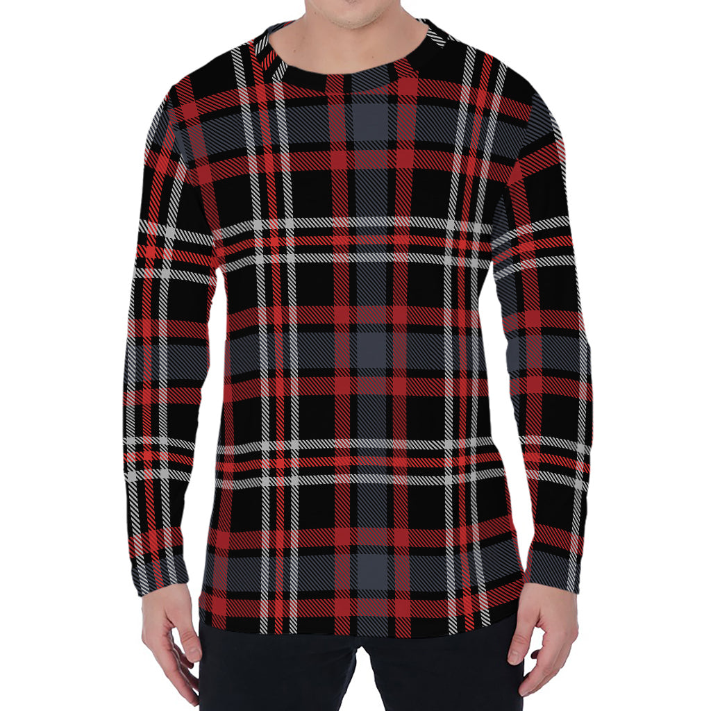 Grey Black And Red Scottish Plaid Print Men's Long Sleeve T-Shirt