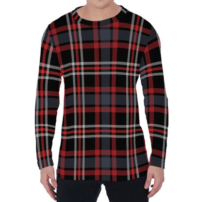 Grey Black And Red Scottish Plaid Print Men's Long Sleeve T-Shirt