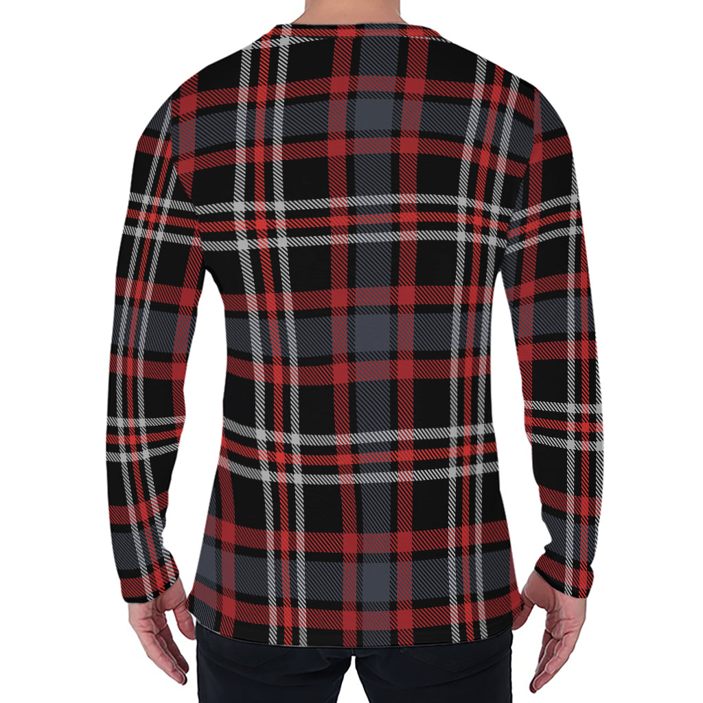 Grey Black And Red Scottish Plaid Print Men's Long Sleeve T-Shirt