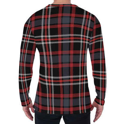 Grey Black And Red Scottish Plaid Print Men's Long Sleeve T-Shirt