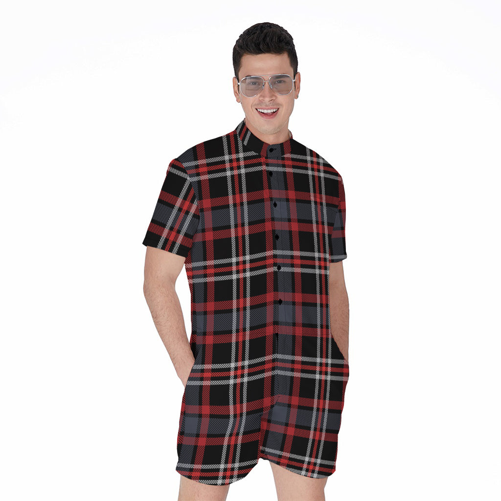 Grey Black And Red Scottish Plaid Print Men's Rompers