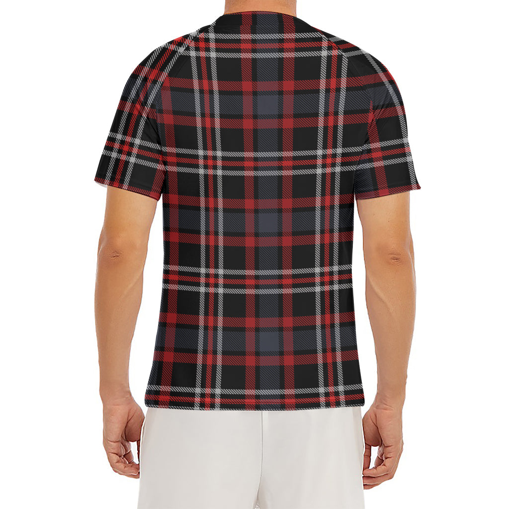 Grey Black And Red Scottish Plaid Print Men's Short Sleeve Rash Guard