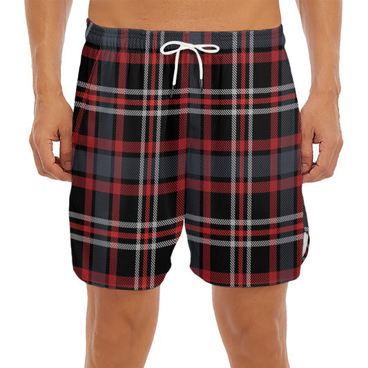 Grey Black And Red Scottish Plaid Print Men's Split Running Shorts