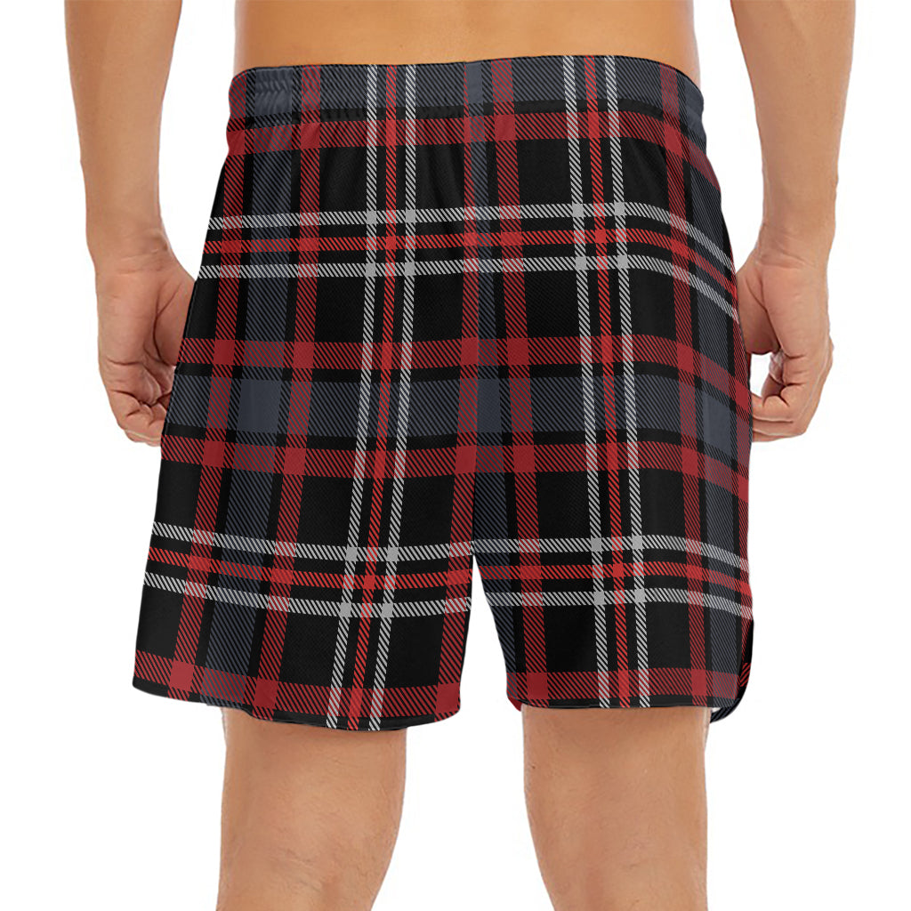 Grey Black And Red Scottish Plaid Print Men's Split Running Shorts