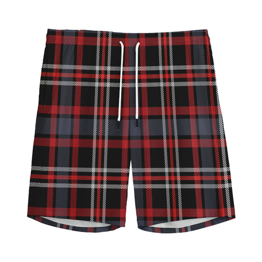 Grey Black And Red Scottish Plaid Print Men's Sports Shorts