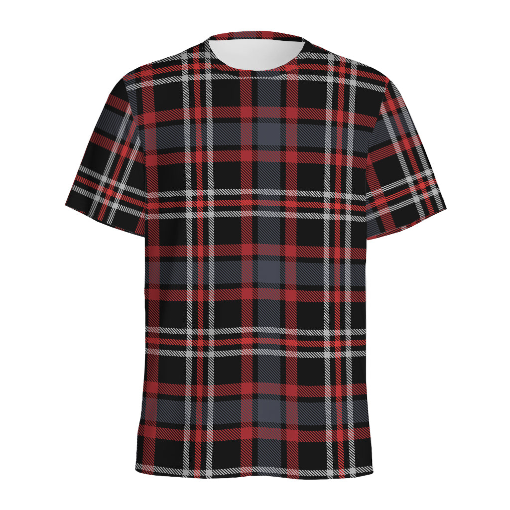 Grey Black And Red Scottish Plaid Print Men's Sports T-Shirt