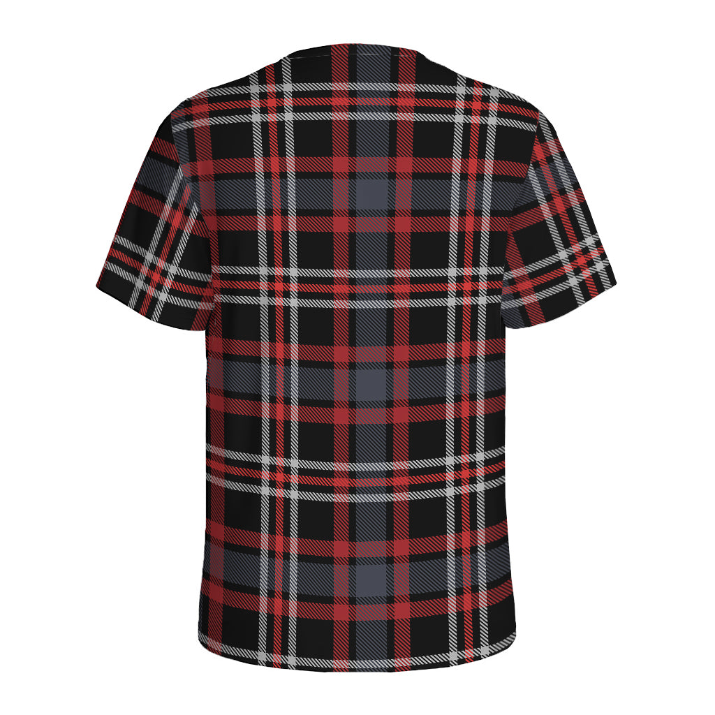 Grey Black And Red Scottish Plaid Print Men's Sports T-Shirt