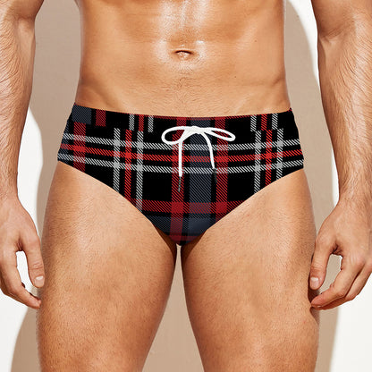 Grey Black And Red Scottish Plaid Print Men's Swim Briefs