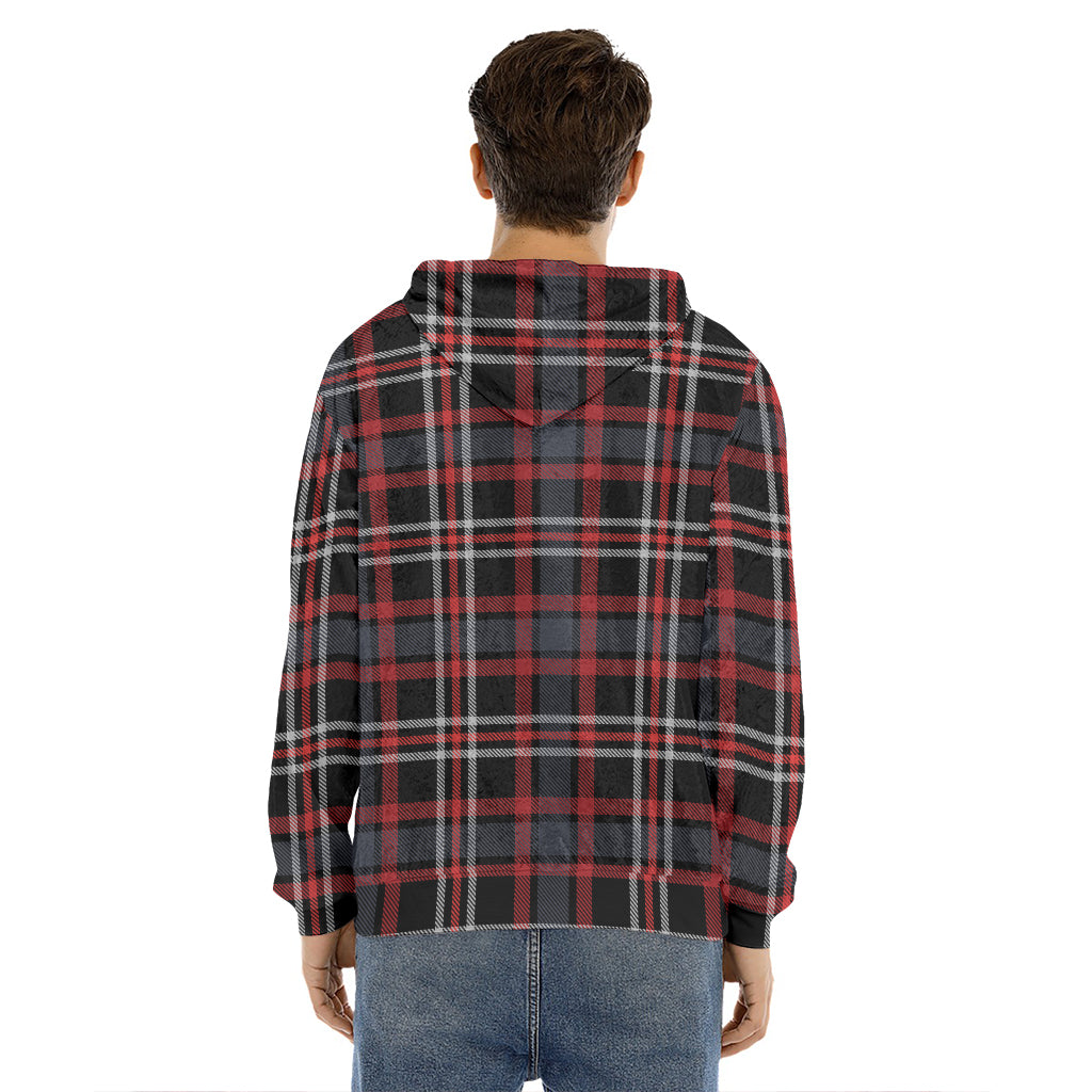 Grey Black And Red Scottish Plaid Print Men's Velvet Pullover Hoodie