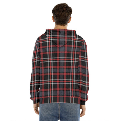 Grey Black And Red Scottish Plaid Print Men's Velvet Pullover Hoodie