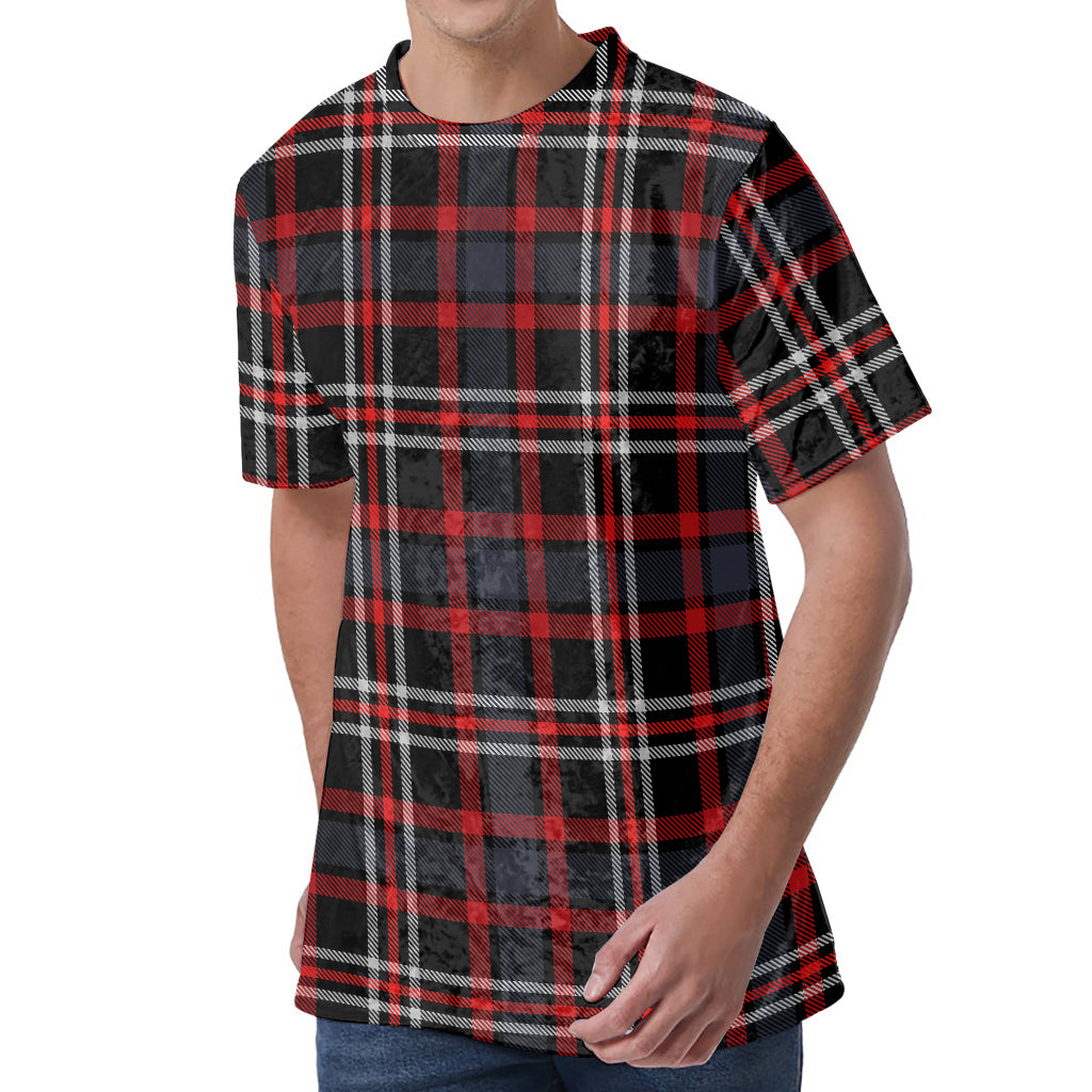 Grey Black And Red Scottish Plaid Print Men's Velvet T-Shirt