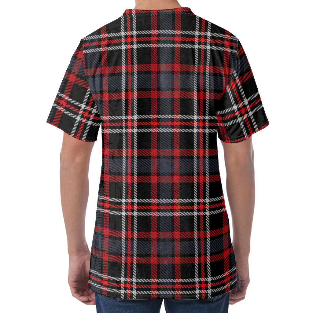 Grey Black And Red Scottish Plaid Print Men's Velvet T-Shirt