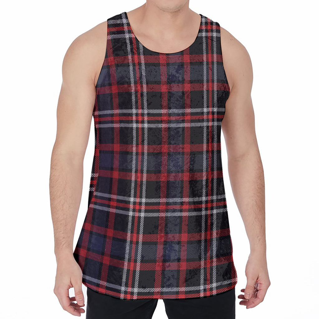 Grey Black And Red Scottish Plaid Print Men's Velvet Tank Top