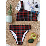 Grey Black And Red Scottish Plaid Print One Shoulder Bikini Top