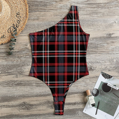 Grey Black And Red Scottish Plaid Print One Shoulder Bodysuit