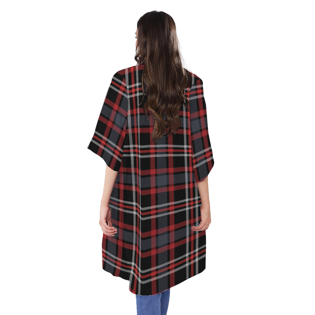 Grey Black And Red Scottish Plaid Print Open Front Beach Cover Up