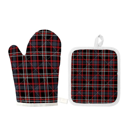 Grey Black And Red Scottish Plaid Print Oven Mitt And Pot Holder Set