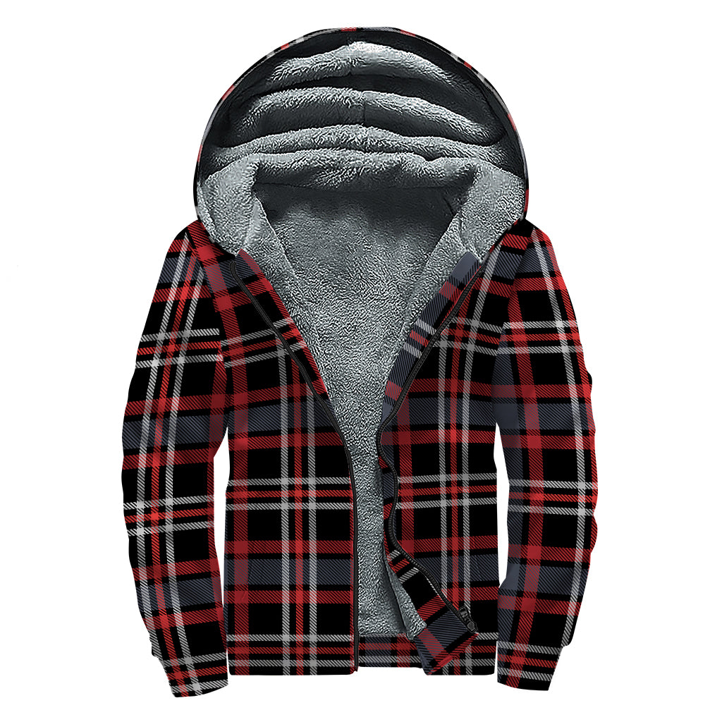 Grey Black And Red Scottish Plaid Print Sherpa Lined Zip Up Hoodie