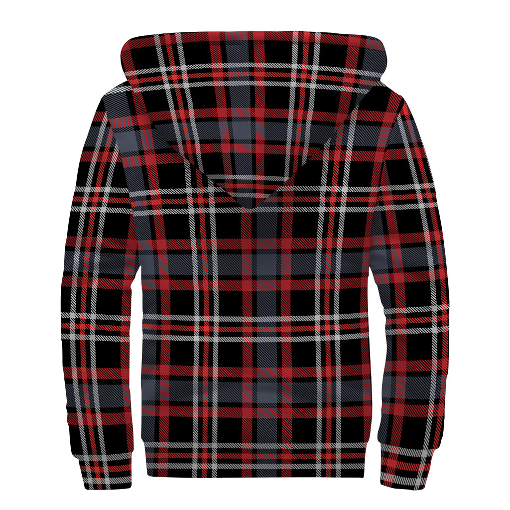 Grey Black And Red Scottish Plaid Print Sherpa Lined Zip Up Hoodie