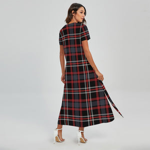 Grey Black And Red Scottish Plaid Print Short Sleeve Maxi Dress