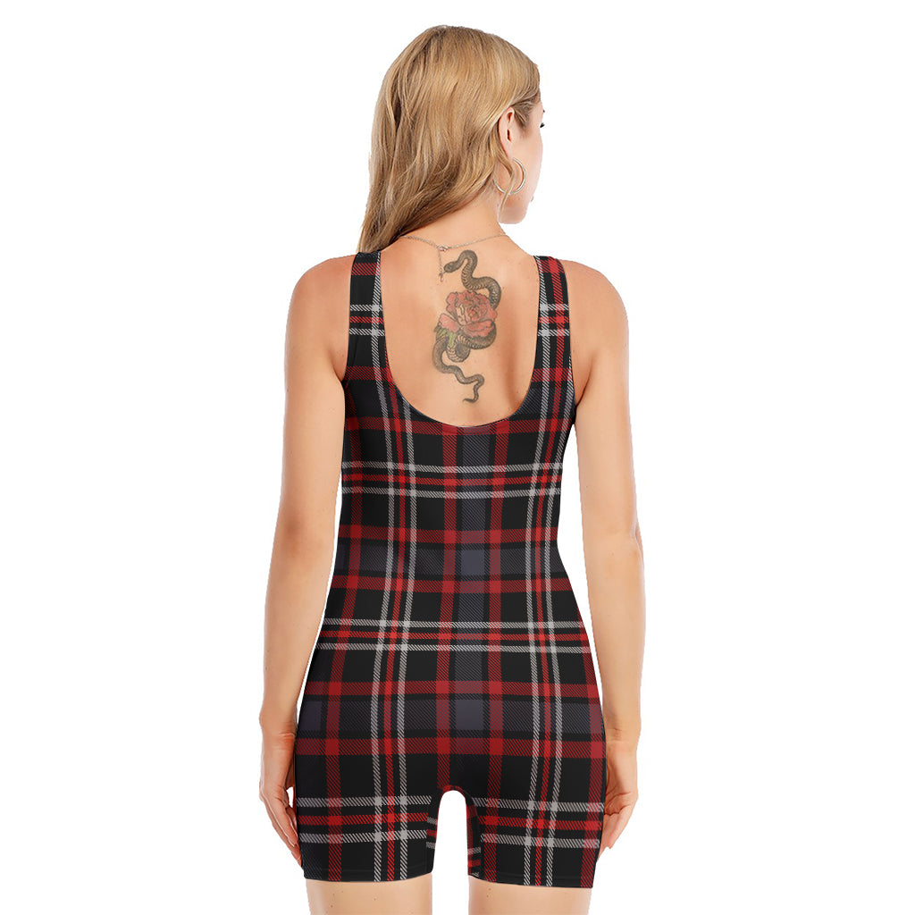 Grey Black And Red Scottish Plaid Print Sleeveless One Piece Swimsuit