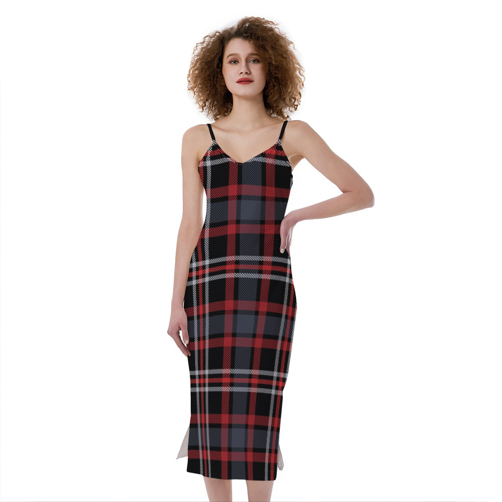 Grey Black And Red Scottish Plaid Print Slim Fit Midi Cami Dress