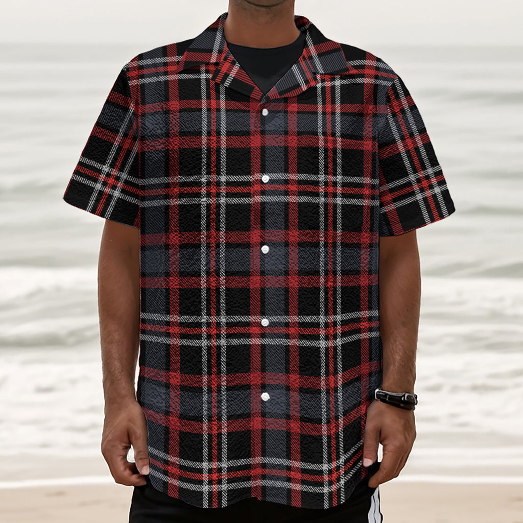 Grey Black And Red Scottish Plaid Print Textured Short Sleeve Shirt