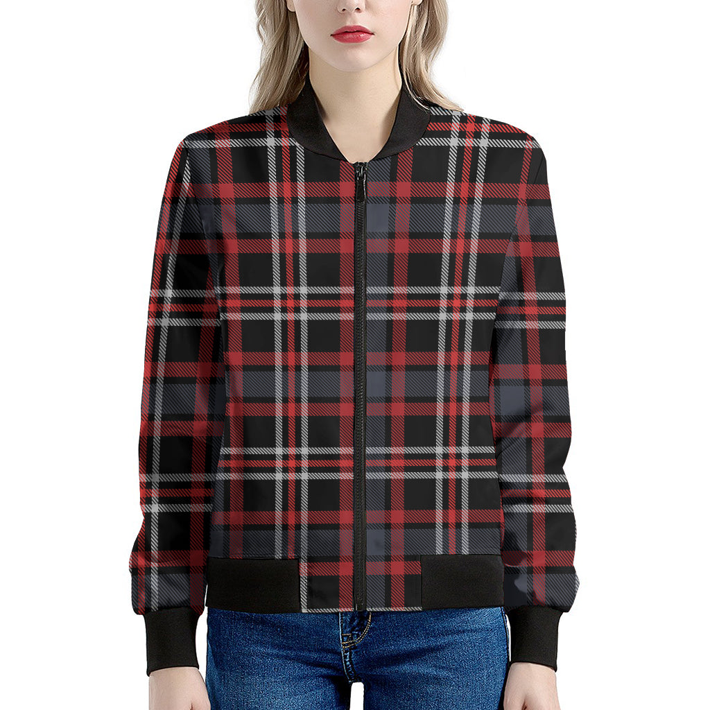 Grey Black And Red Scottish Plaid Print Women's Bomber Jacket