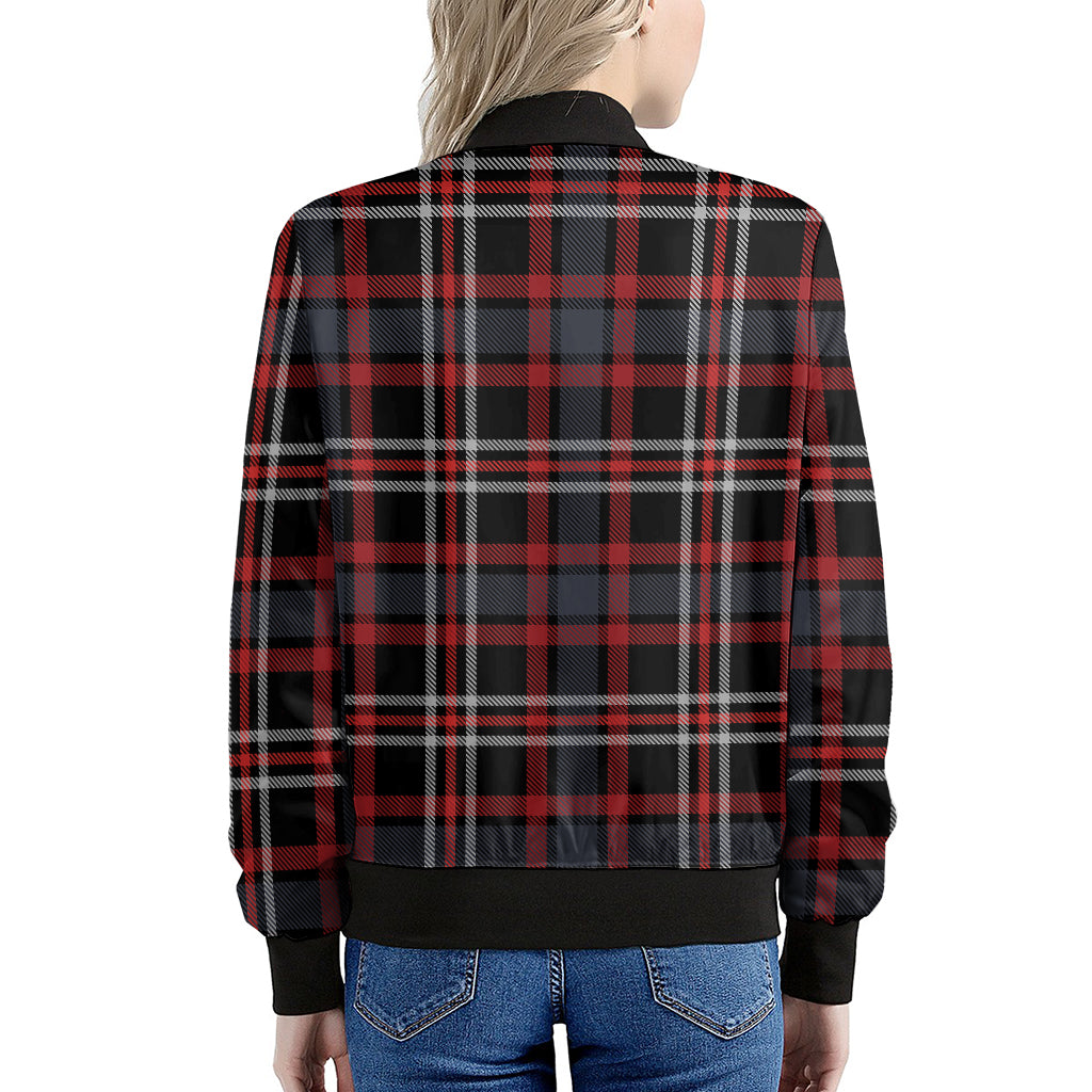 Grey Black And Red Scottish Plaid Print Women's Bomber Jacket