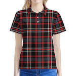 Grey Black And Red Scottish Plaid Print Women's Polo Shirt