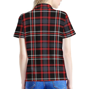 Grey Black And Red Scottish Plaid Print Women's Polo Shirt