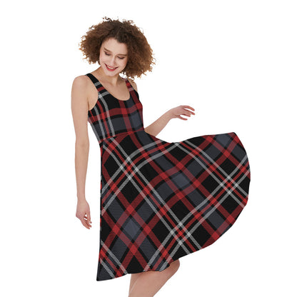 Grey Black And Red Scottish Plaid Print Women's Sleeveless Dress