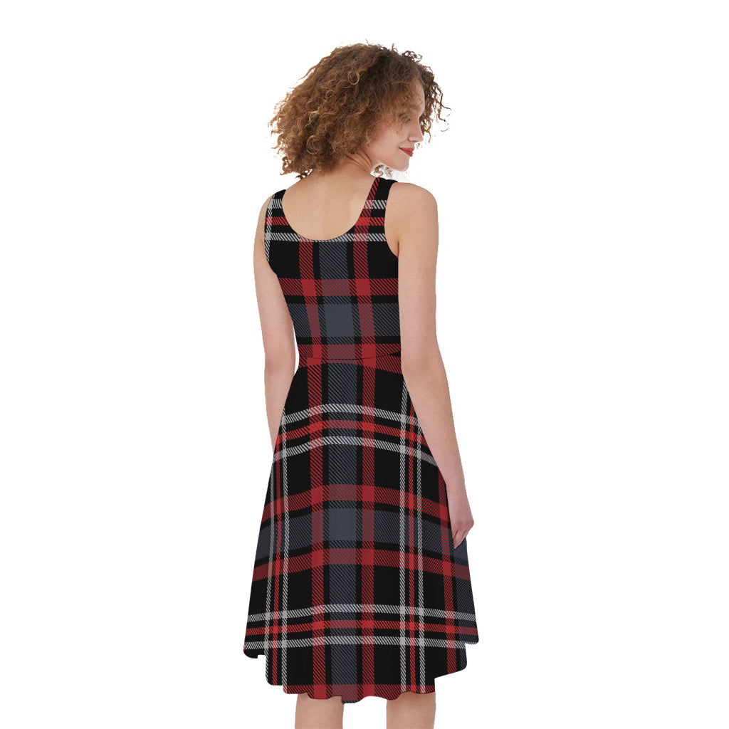 Grey Black And Red Scottish Plaid Print Women's Sleeveless Dress