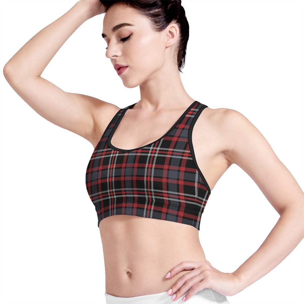 Grey Black And Red Scottish Plaid Print Women's Sports Bra