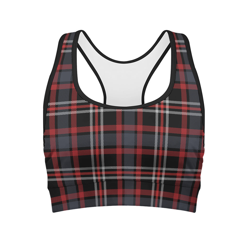 Grey Black And Red Scottish Plaid Print Women's Sports Bra