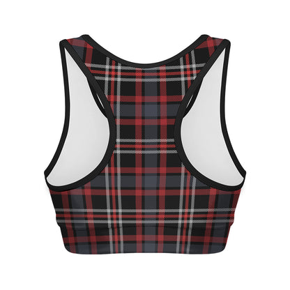 Grey Black And Red Scottish Plaid Print Women's Sports Bra