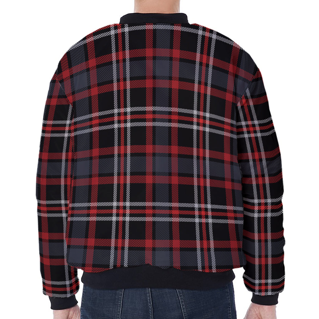 Grey Black And Red Scottish Plaid Print Zip Sleeve Bomber Jacket