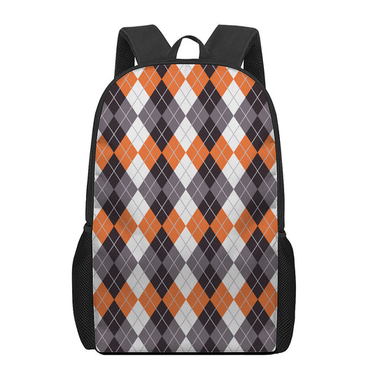 Grey Black Orange And White Argyle Print 17 Inch Backpack