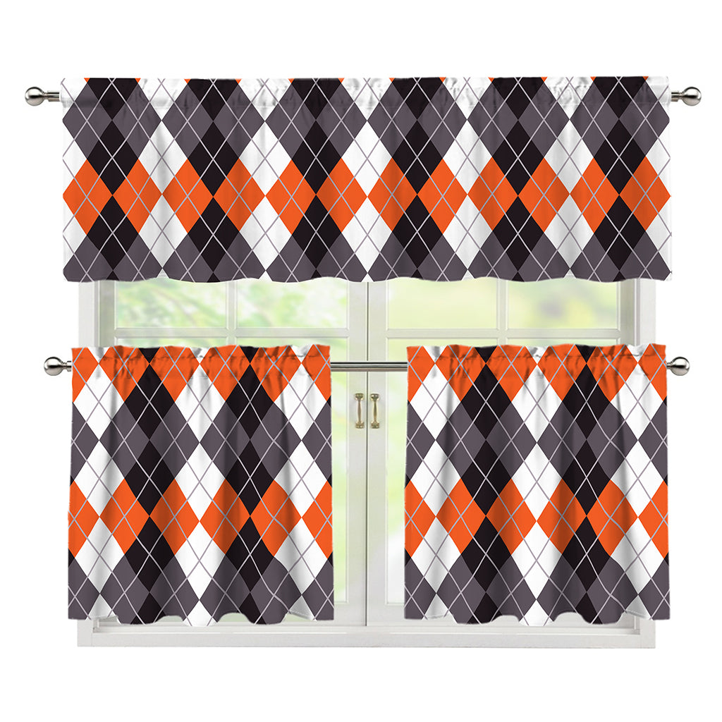 Grey Black Orange And White Argyle Print 3 Piece Kitchen Curtains