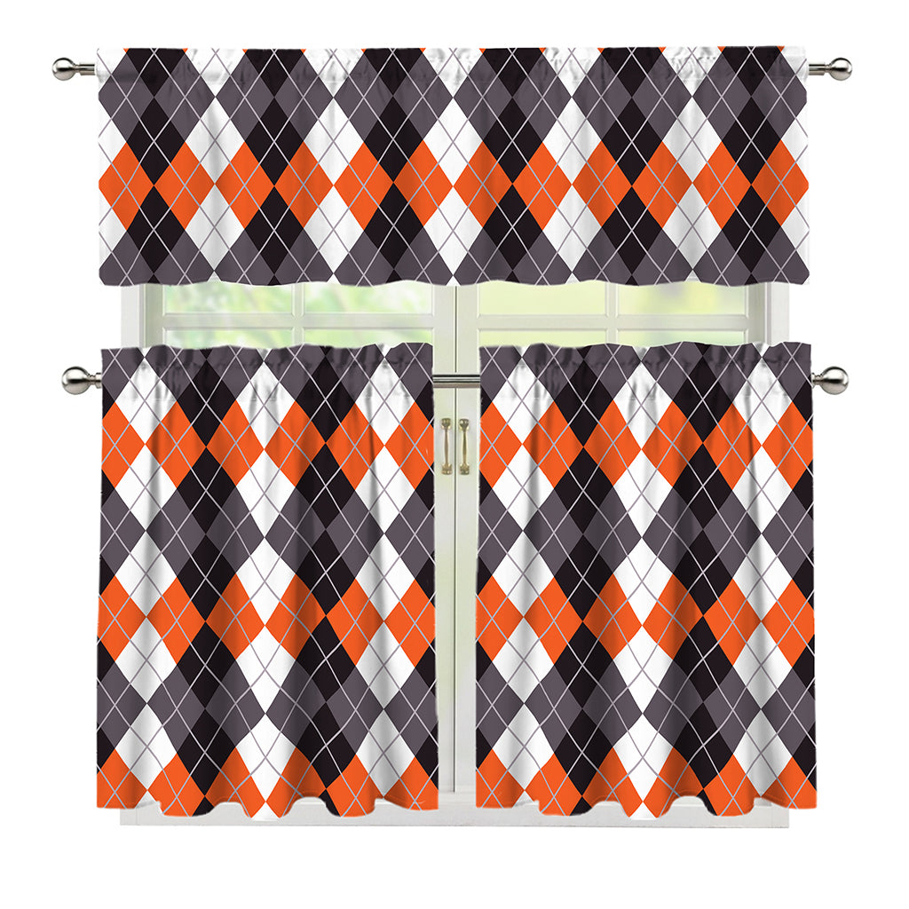 Grey Black Orange And White Argyle Print 3 Piece Kitchen Curtains