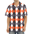 Grey Black Orange And White Argyle Print Aloha Shirt