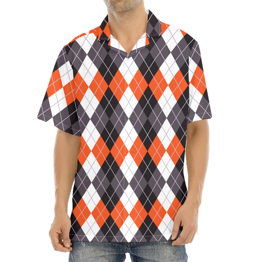 Grey Black Orange And White Argyle Print Aloha Shirt