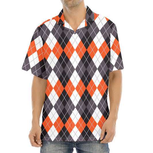 Grey Black Orange And White Argyle Print Aloha Shirt