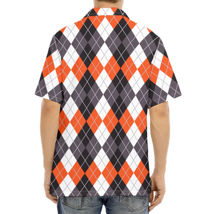 Grey Black Orange And White Argyle Print Aloha Shirt