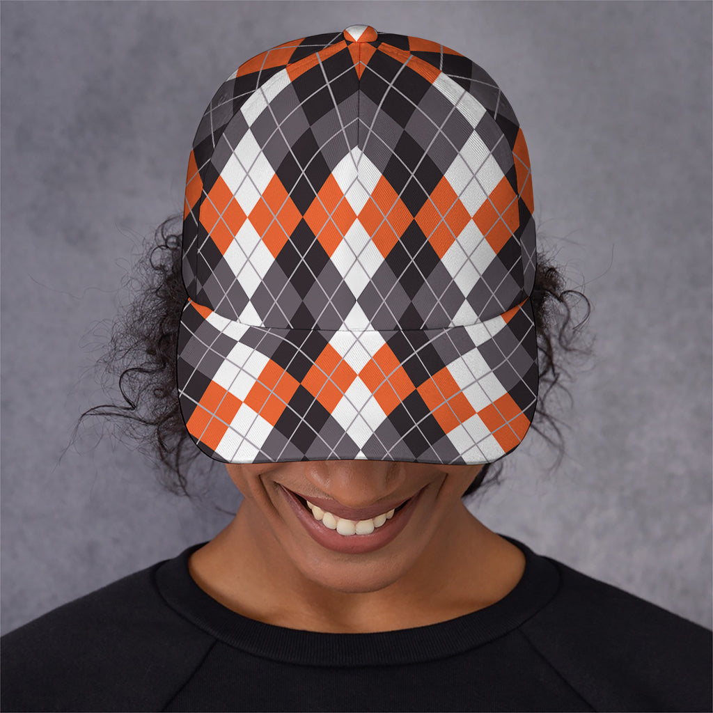 Grey Black Orange And White Argyle Print Baseball Cap